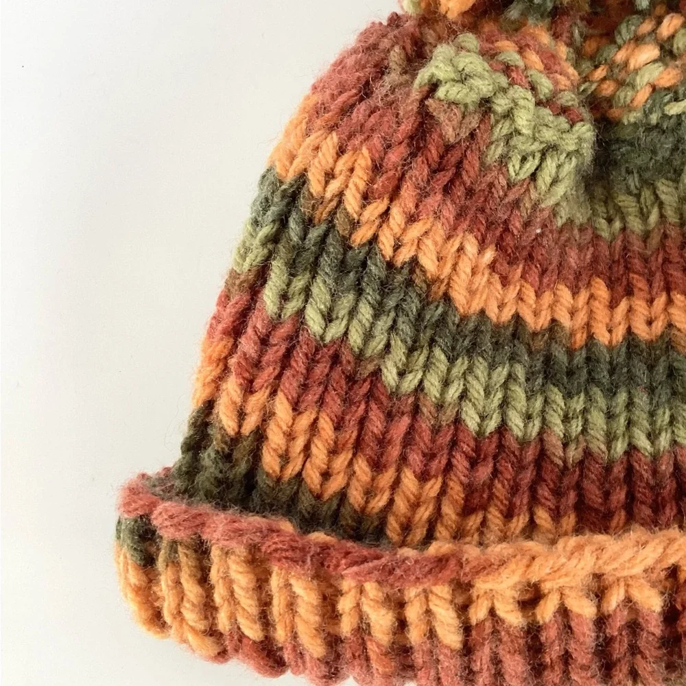 Hat Beanie Hand Crafted Baby Pom Pom Knit Green Rust Orange Knit Fall